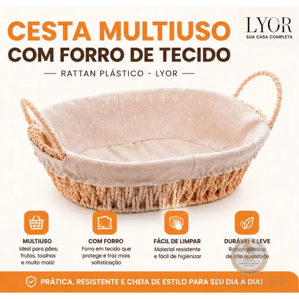Cesta Pão, multiuso Ratan Forro em Tecido  - Diversos Tamanhos - Wolff