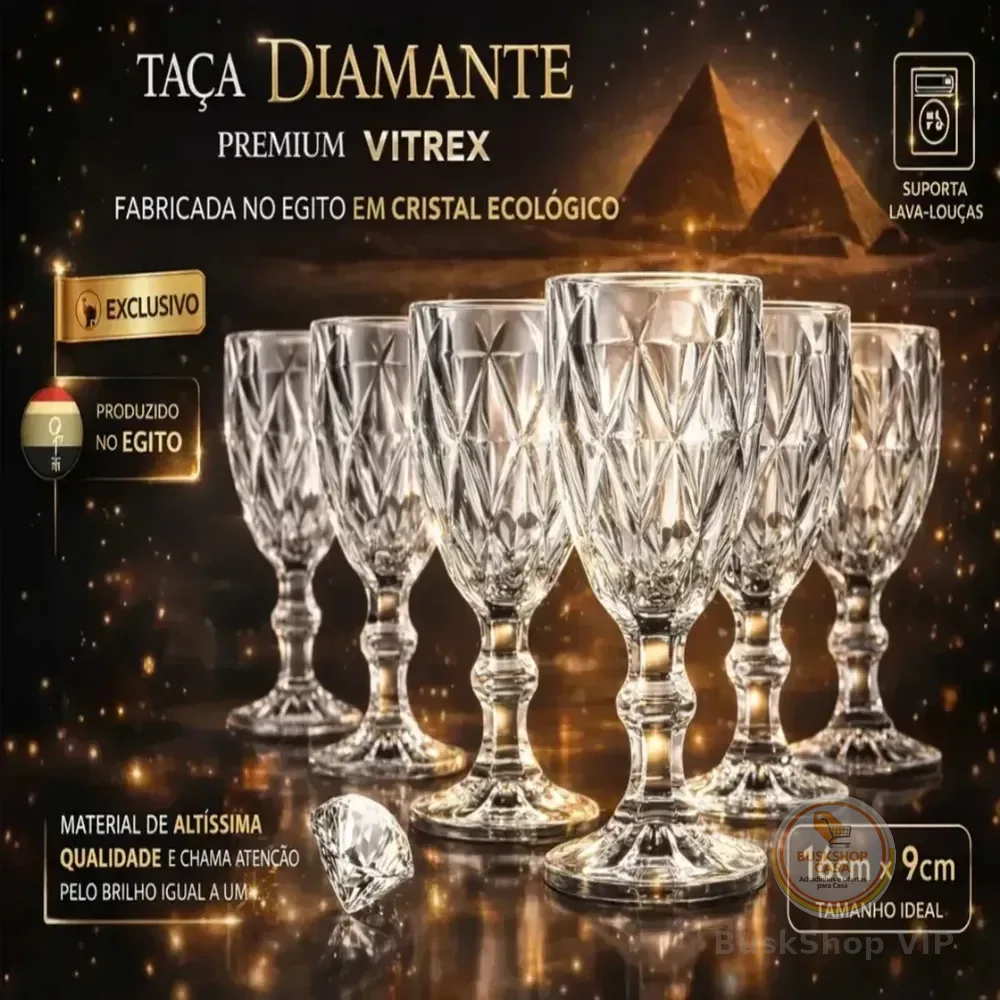 Jogo 6 Taças De Cristal 340ml Diamond Transparente Lapidado Vitrex