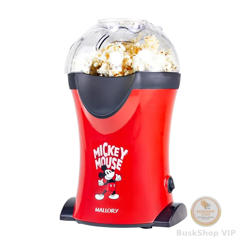 Pipoqueira Elétrica Mallory Mickey Mouse – Pipocas Sequinhas e Sem Óleo, Bocal Expedidor, Copo Medidor para Manteiga e Pés Antiderrapantes - 127V