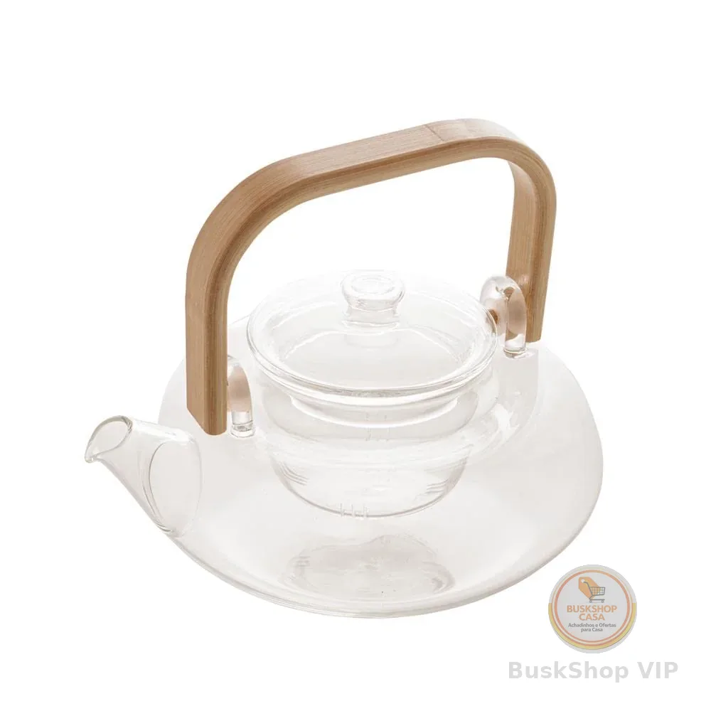 WOLFF - Chaleira de Vidro Borossilicato com Alça de Bambu - 800ml - Resistente a Calor - Infusor de Chá