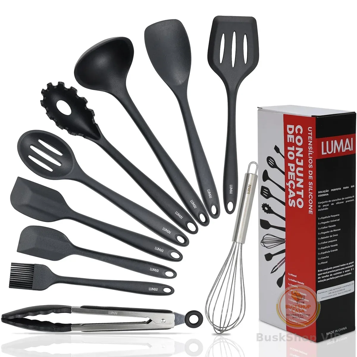 Kit 10 Utensílios de Cozinha LUMAI em Silicone e Aço Inox, Resistentes ao Calor, Antirriscos, com Espátula, Pegador, Concha e Colher, Preto