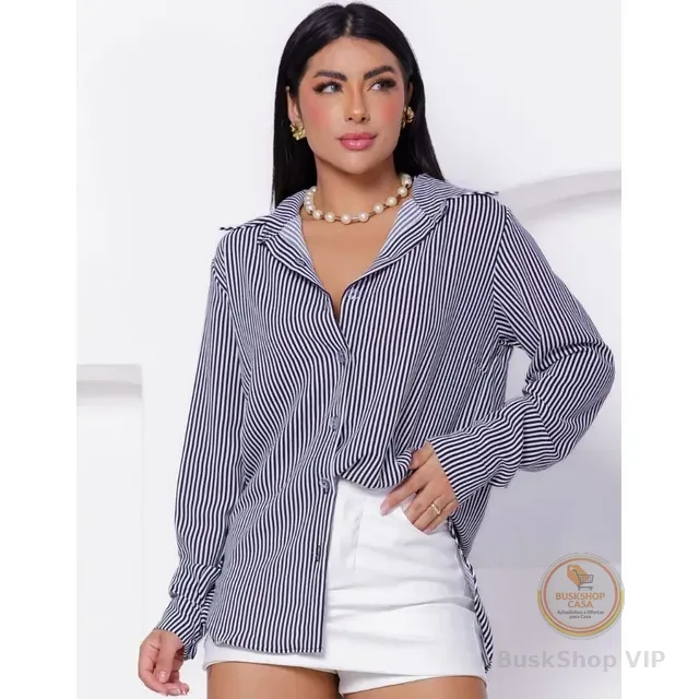 Camisa Social Feminina Clássica Listrada C/ Botões Tendência