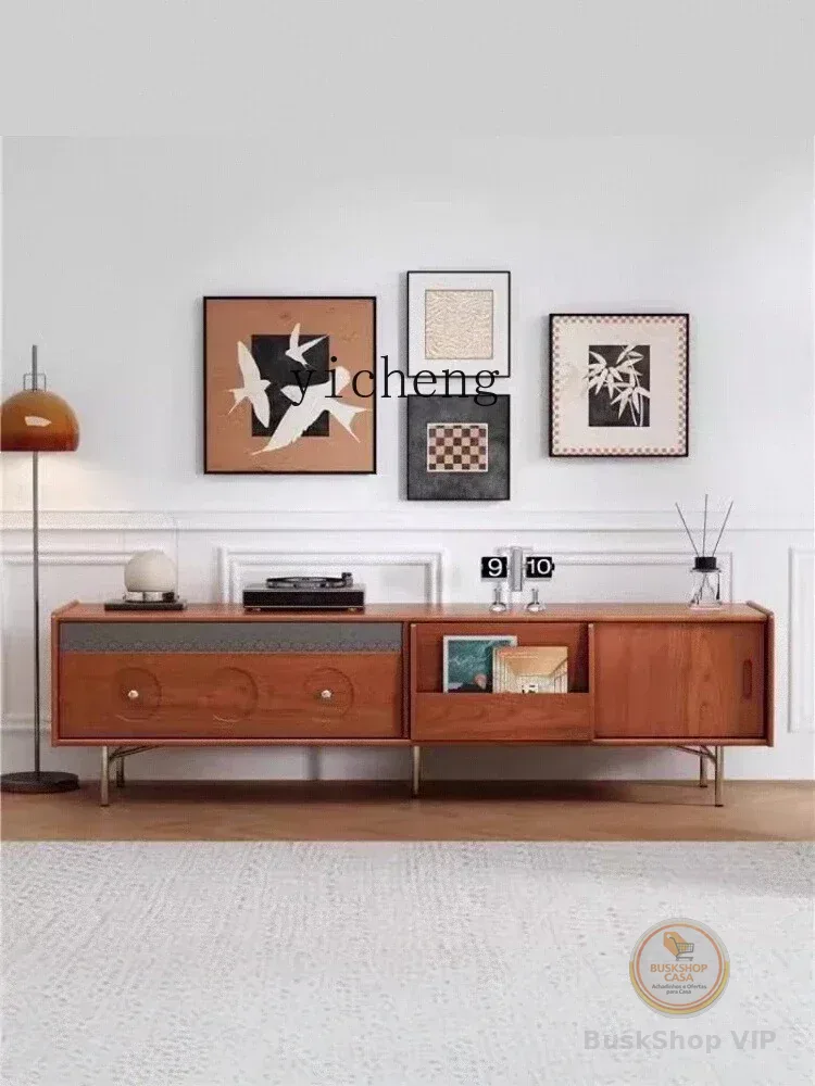 r5.13 Ruer Wood Vintage Armário de TV de Chão em Madeira Maciça com Mesa de Centro