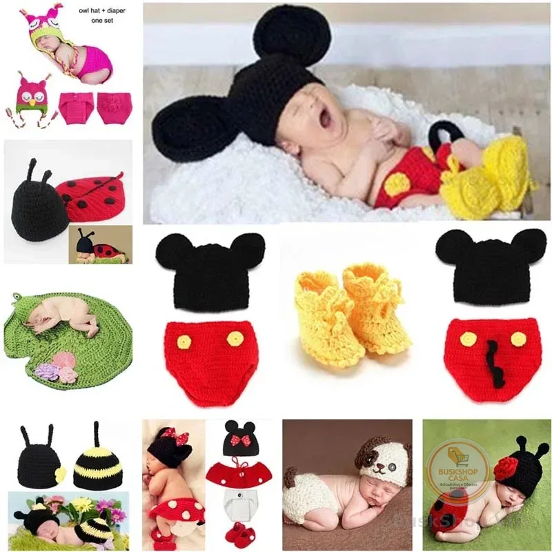 Estilo animal bebê recém-nascido crochê trajes de halloween fotografia adereços feitos à mão malha mickey outfit sonolento coruja sapo presente do bebê