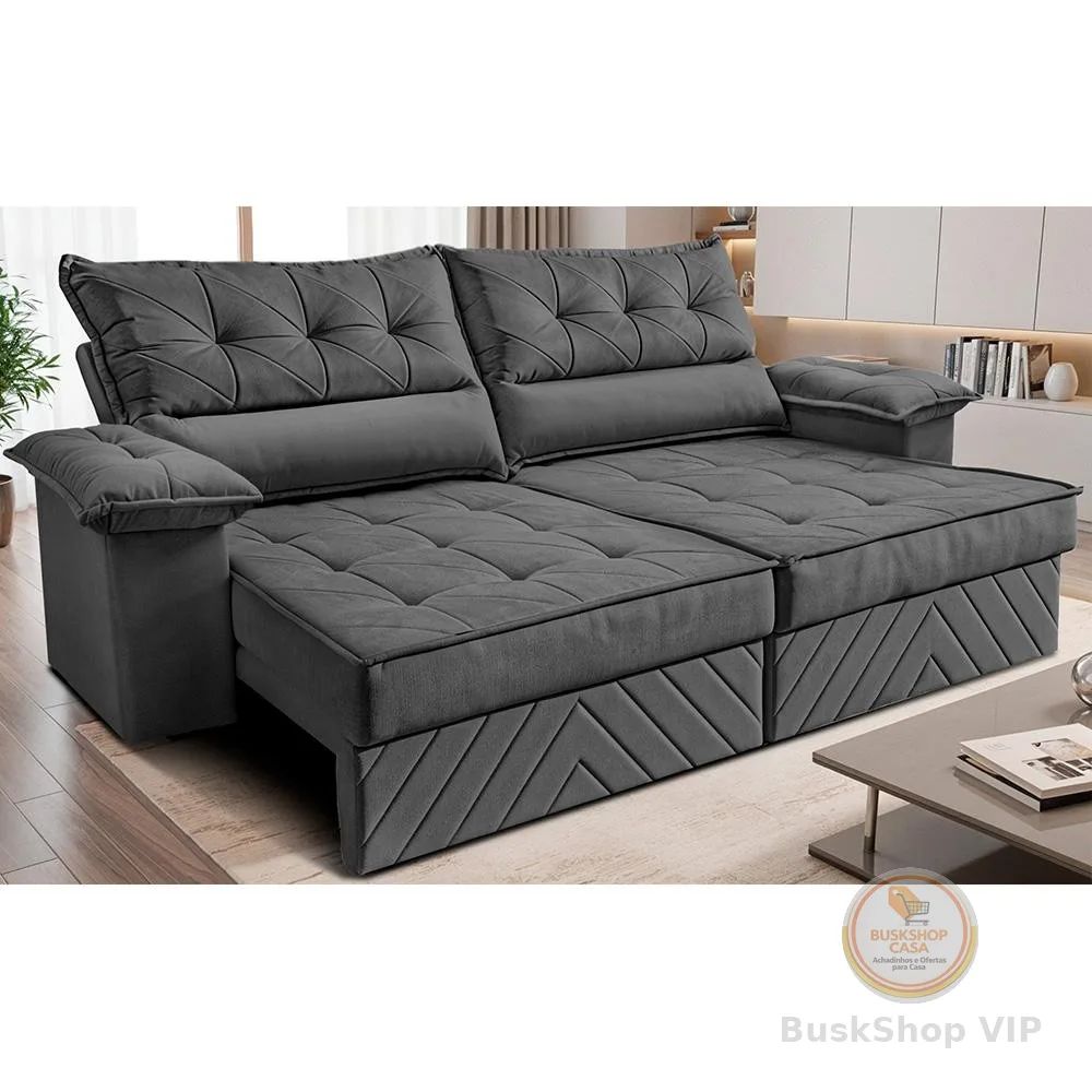 Sofá Retrátil e Reclinável 2,40m com Molas e Espuma D33 Thunder Velusoft Cinza Cama inBox