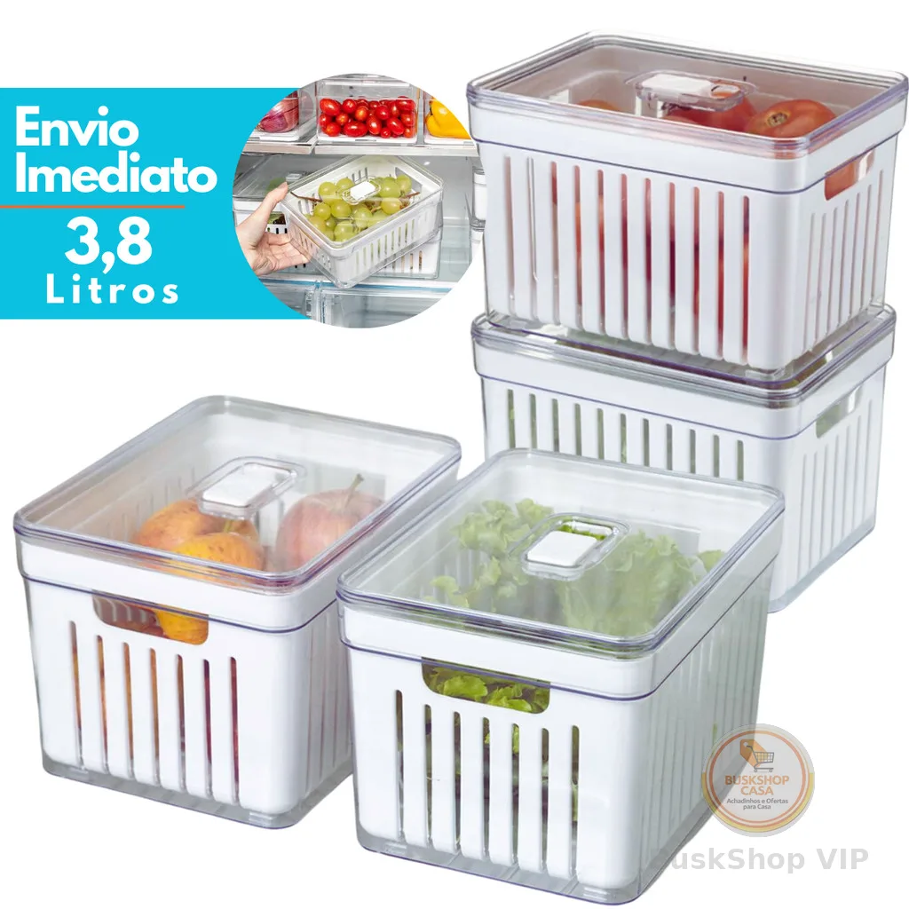 Organizador de Geladeira 3,8 Litros Cesto Com Tampa Alimentos Verduras Potes de Salada Premium
