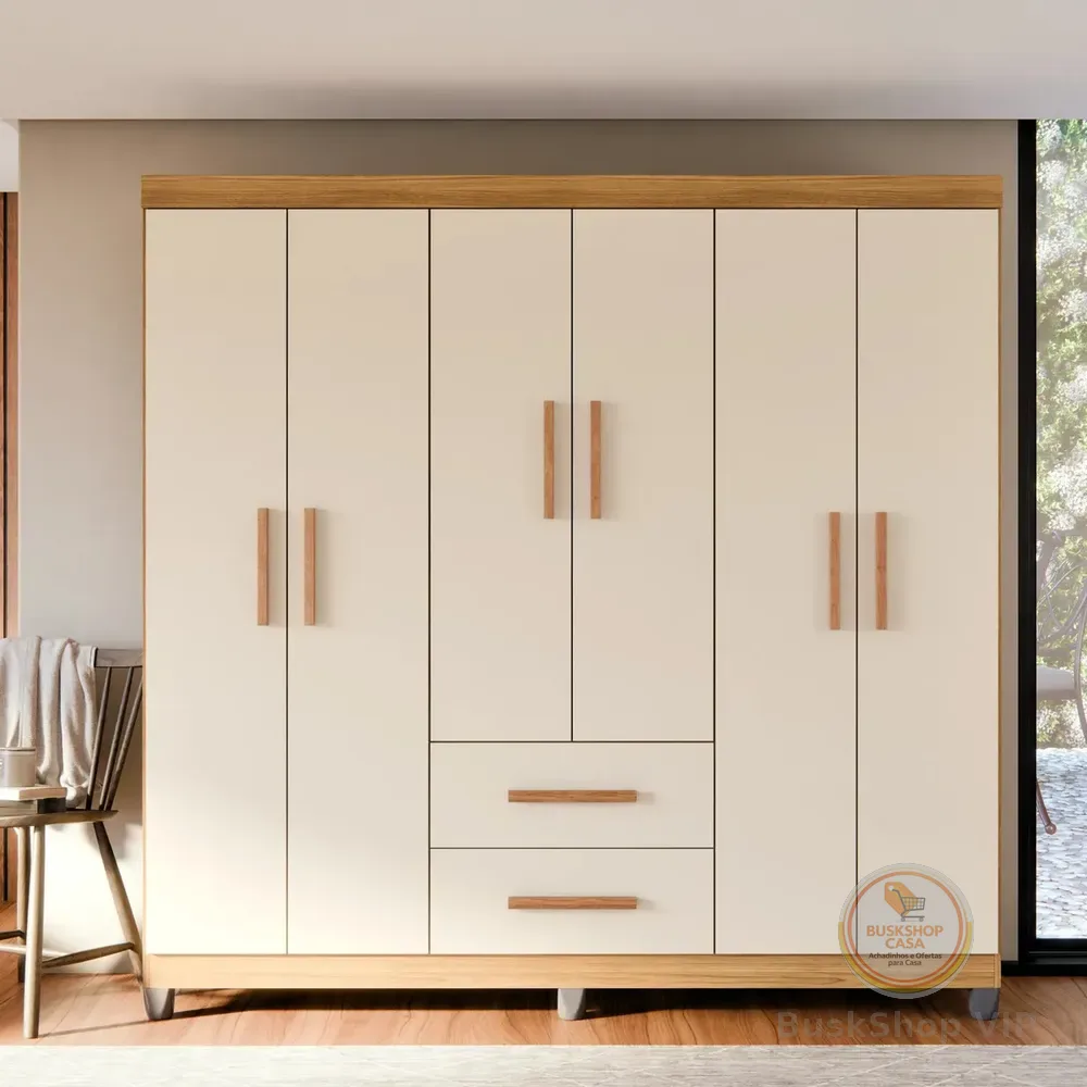 Guarda-roupa Casal Lite 6 Portas E 2 Gavetas Para Quarto Multiuso Cor Nature Off White Cinamomo/off White