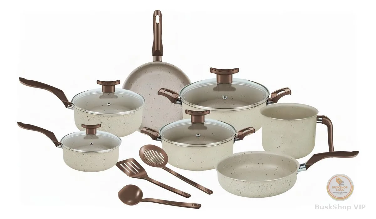 Dona Chefa, Super Jogo De Panelas 10 Peças Elegan Baunilha Tampa de Vidro Antiaderente, Conjunto de Panela para Cozinha Teflon