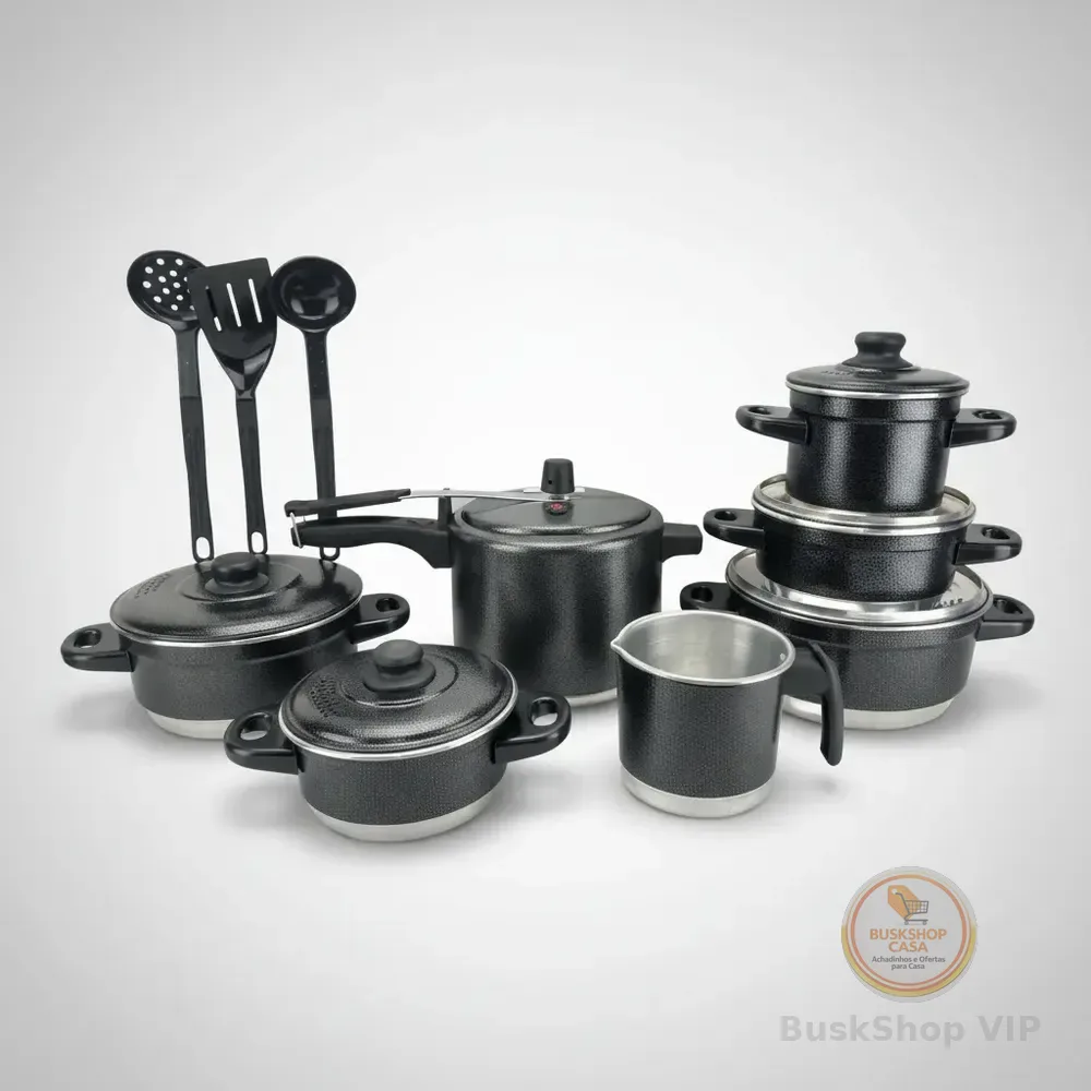 Jogo De Panelas + Panela De Pressão 4.5l + Espátulas Preto  Preto Craqueado