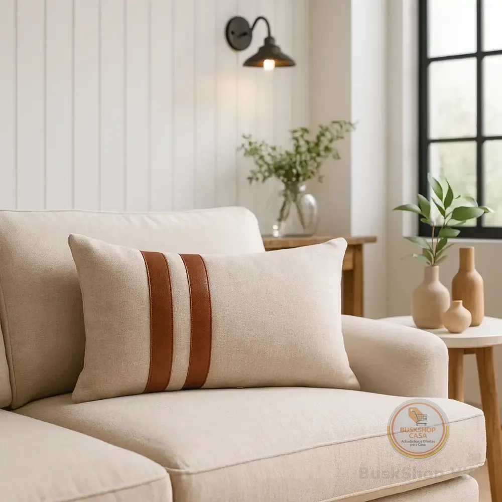 Almofada Retangular Decorativa Linho Couro Luxo 30x50cm Bege Couro Marrom
