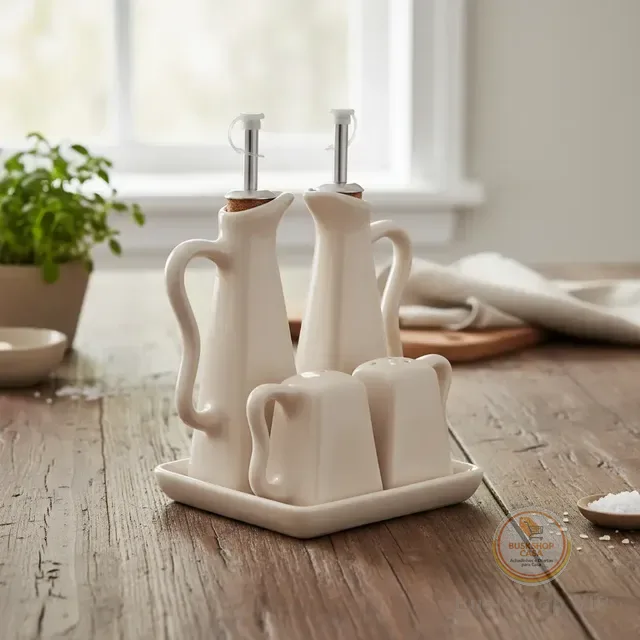 Galheteiro Branco Com Dosador Inox Saleiro Azeite Cerâmica