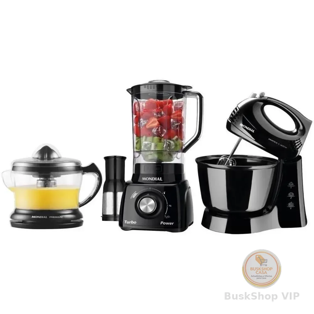 Kit Cozinha Mondial Liquidificador Batedeira E Espremedor Kt-105-b Preto 127v
