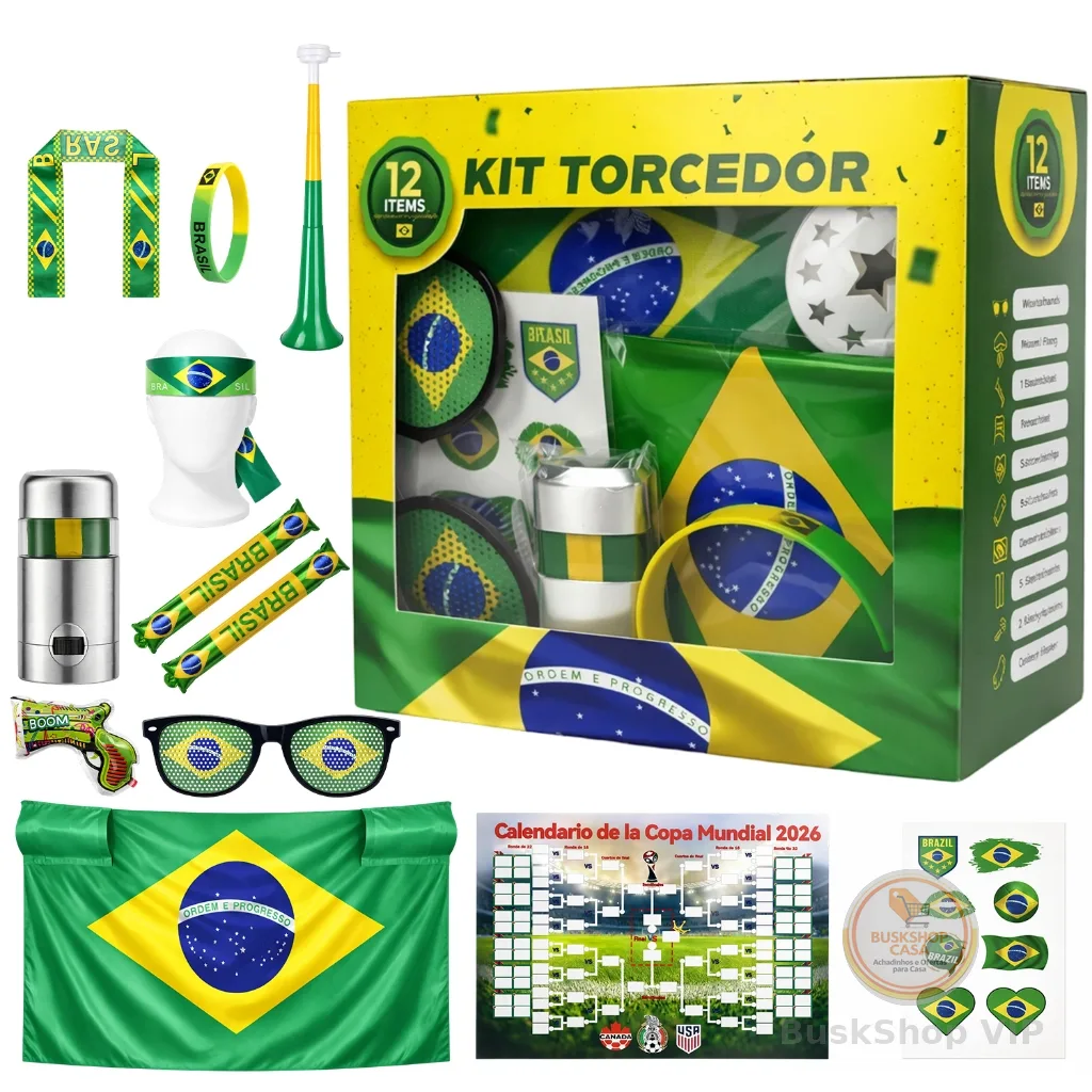 Combo Completo Torcedor Brasileiro Copa 2026 Bandeira, Adesivo, Trompete e Pintura Facial
