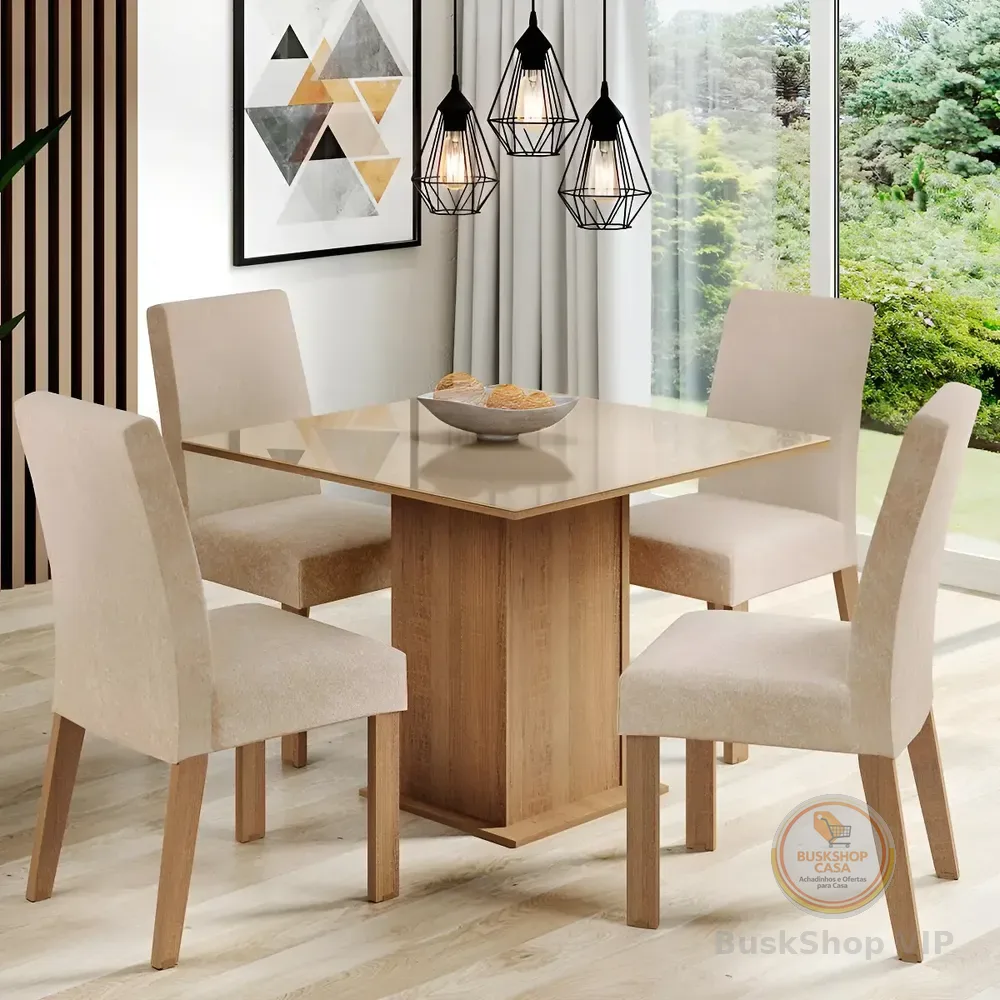 Sala Jantar Madesa Evelin Mesa Tampo Vidro Com 4 Cadeiras Cor Rustic/crema/imperial Desenho Do Tecido Das Cadeiras Liso