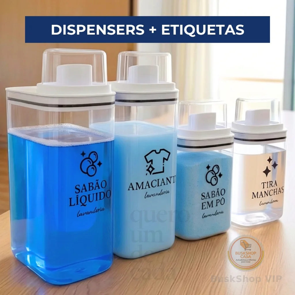 Dispensers Lavanderia 1,5L e 2,3L - Amaciante, Sabão em Pó, Sabão Líquido, Tira Manchas kit/individ