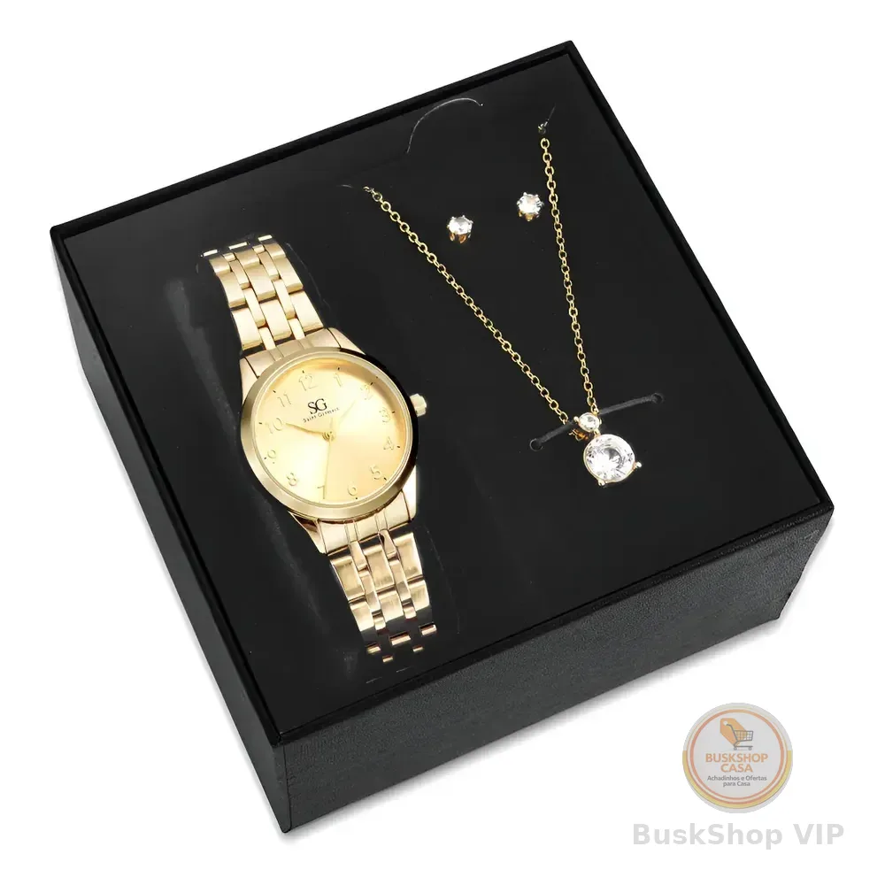 Kit Relógio Colar E Brincos Ponto De Luz Dourado Feminino Luxo Golden Saint Germain Presente Original Joias Elegante Clássico 28mm