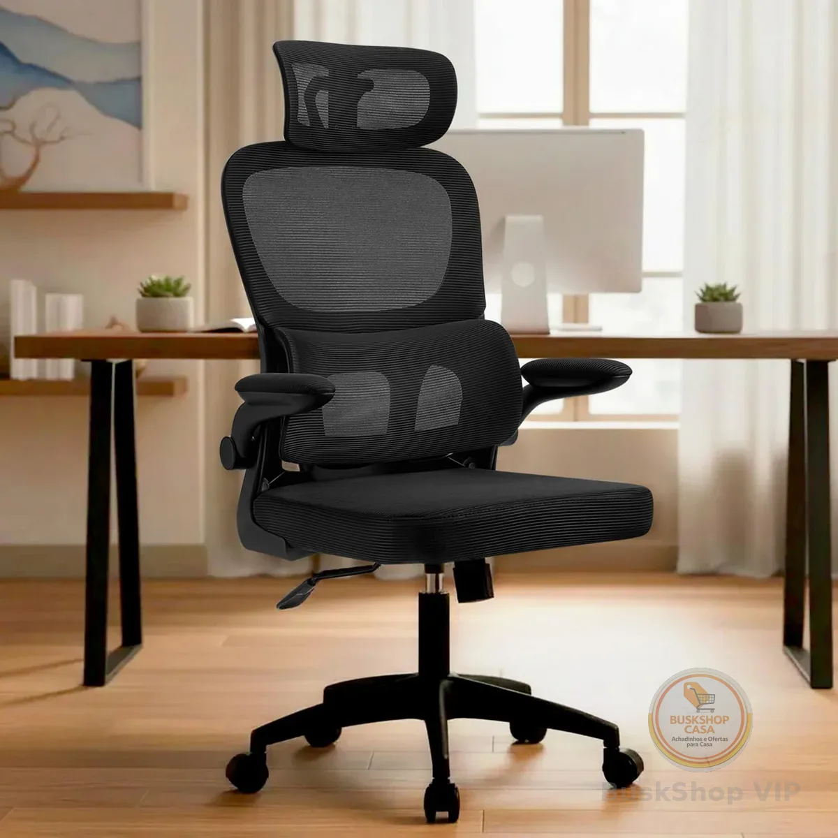 Cadeira Ergonomica,Cadeira Escritorio Com Apoio de Cabeça e Lombar Ajustáveis,Suporta 200kg,Respirável cadeiras mesh,Equipada Com 2D Apoios de Braço e Almofada de Assento Larga,Robusto Durável.(Preto)