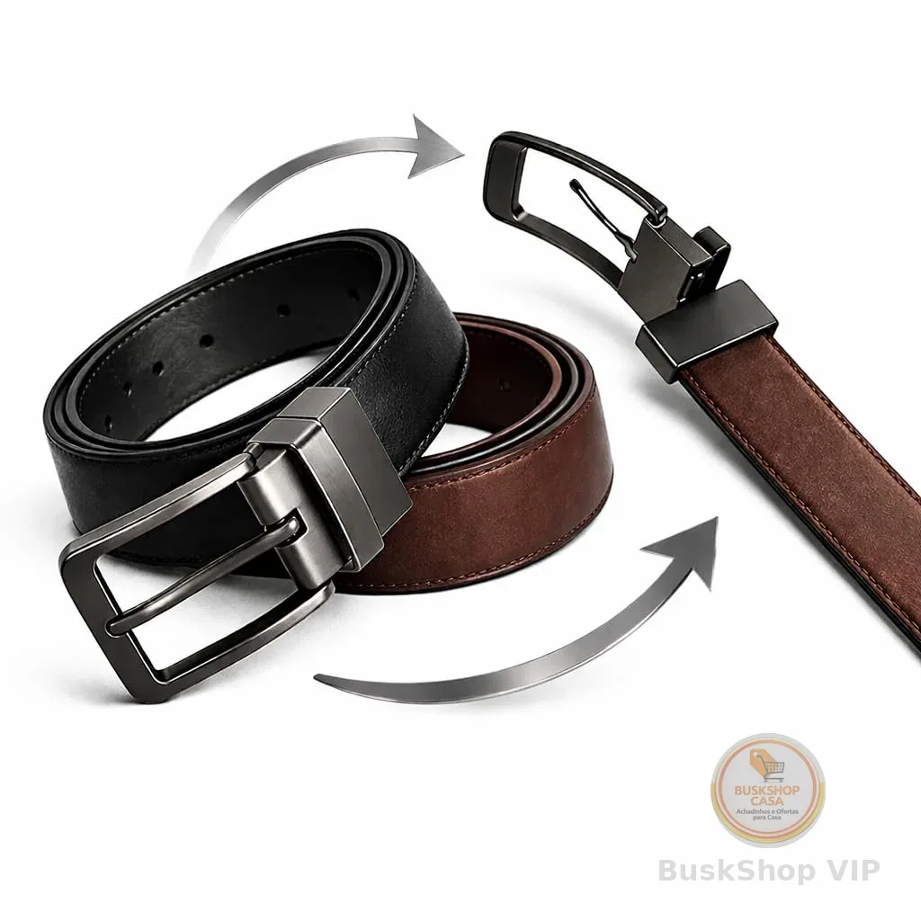 Cinto Masculino Dupla Face Com Fivela Giratória Premium Ajustável Preto E Marrom Elegante Para Uso Social E Casual