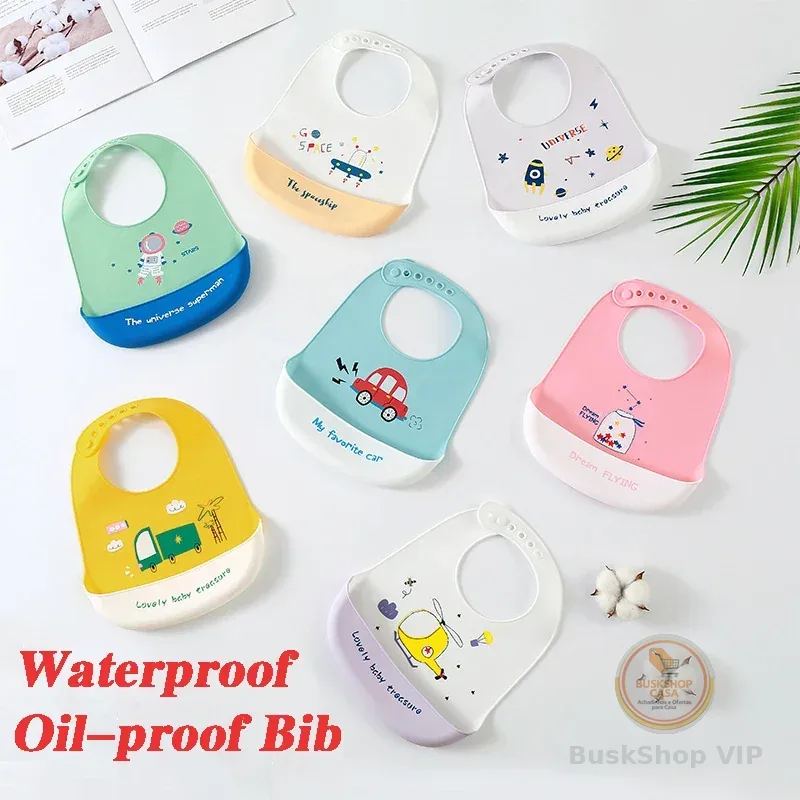 Cute Baby Bibs Waterproof Silicone Bib Infant Toddler Feeding Saliva Toalha Cartoon Adjustable Crianças Avental com lenço de bolso