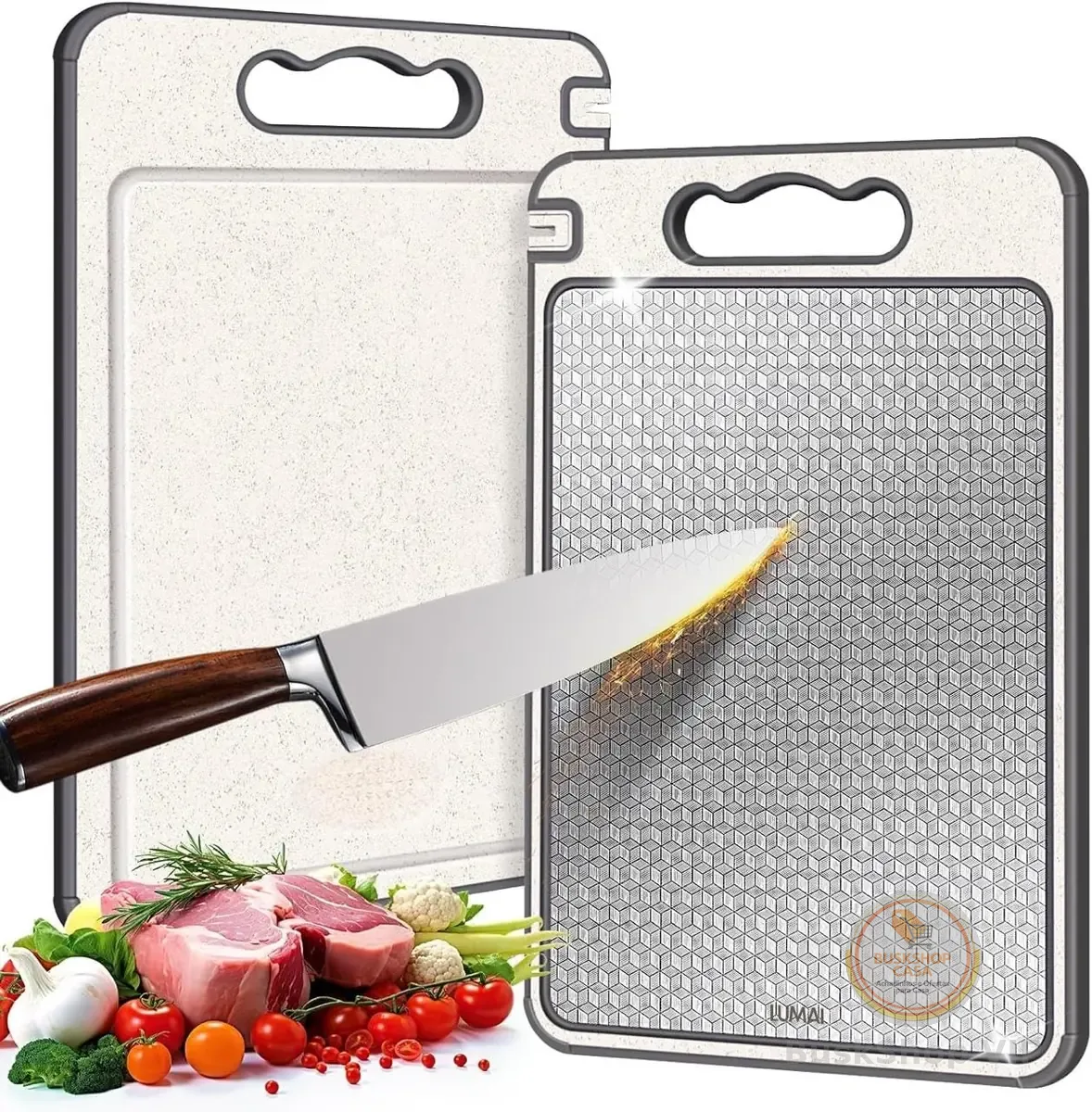 LUMAI Tábua de Corte para Cozinha Dupla Face Aço Inoxidável e PP, Superfície Higiênica para Carnes, Frutas e Vegetais, Afiador Integrado, Canaletas Antirrespingo, Base Antiderrapante e Alça Ergonômica