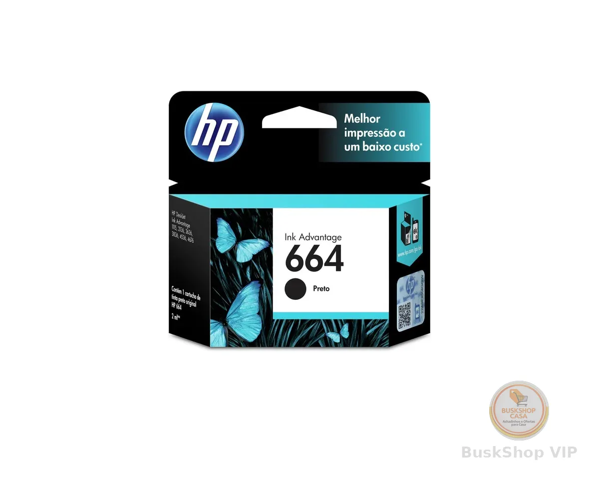 Cartucho de Tinta HP 664 Preto Original (F6V29AB) Para Impressora Deskjet 2136, 2676, 3776, 5076, 527