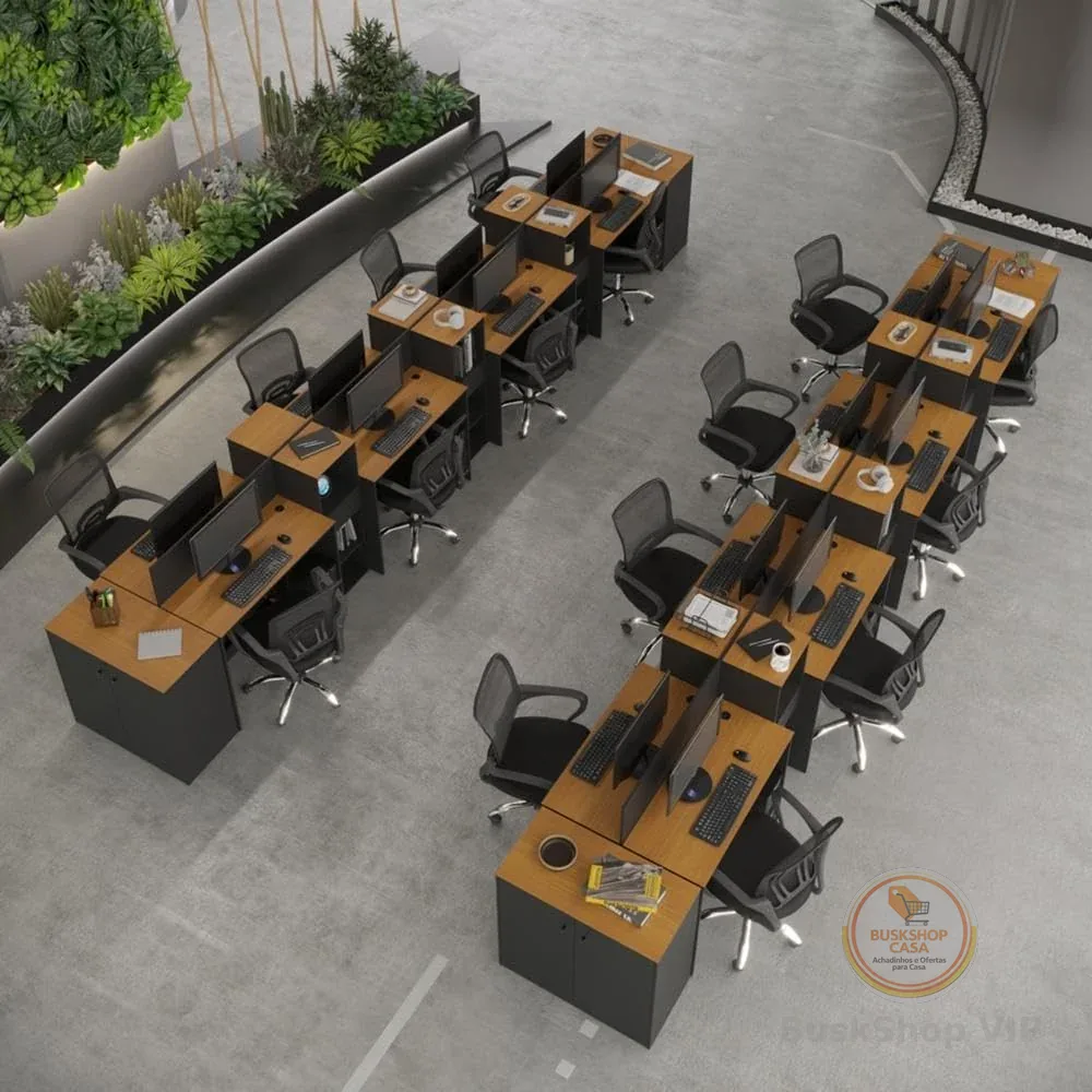 VIA NOSSA - Estação de Trabalho 16 Lugares Office Smart 16 Mesas 12 Armários 4 Aparador - Preto e Cedro