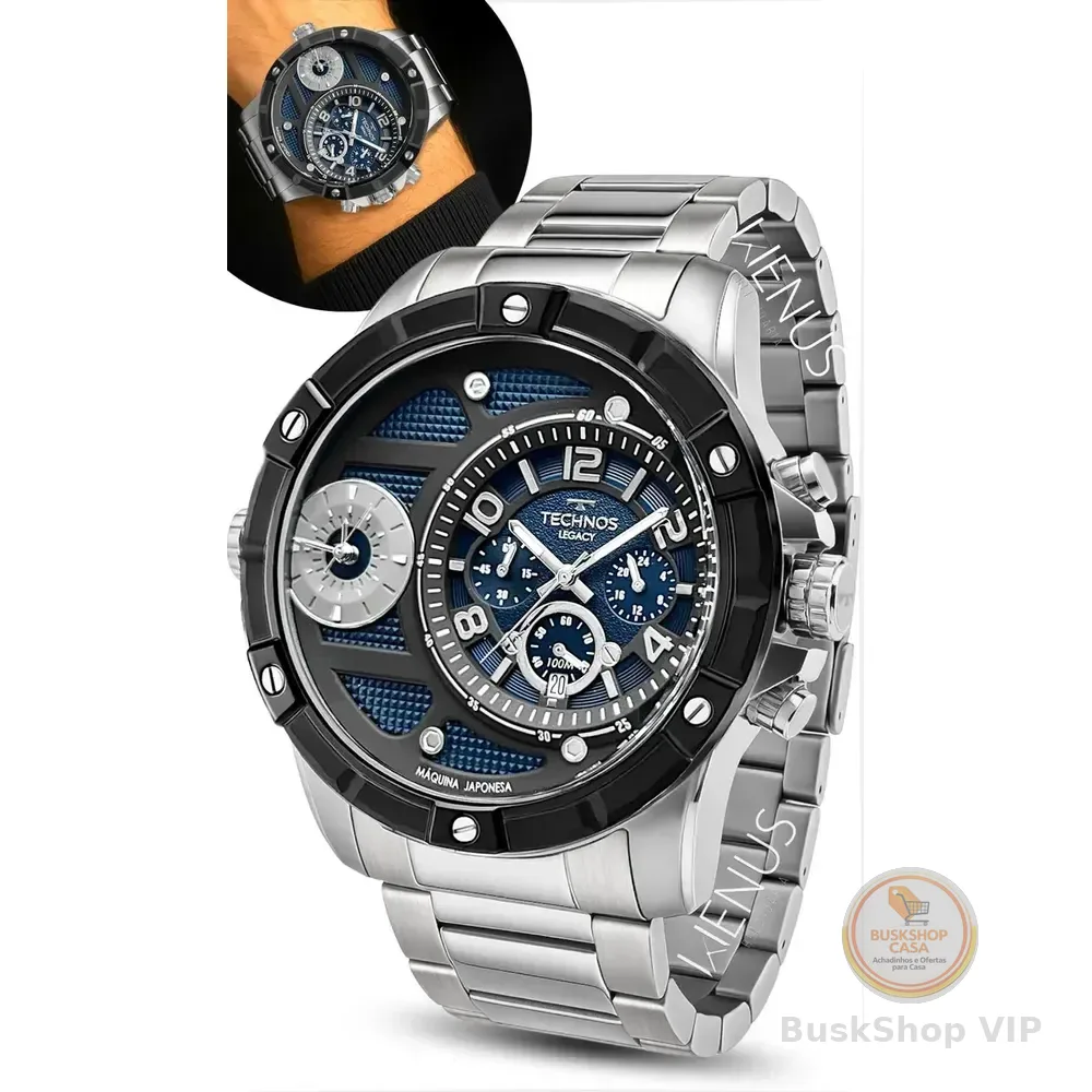 Relógio Technos Masculino Cronógrafo Lunha Legacy Masculino Aço Inoxidável Cor Prata Prova D'água Prateado Preto Azul-escuro