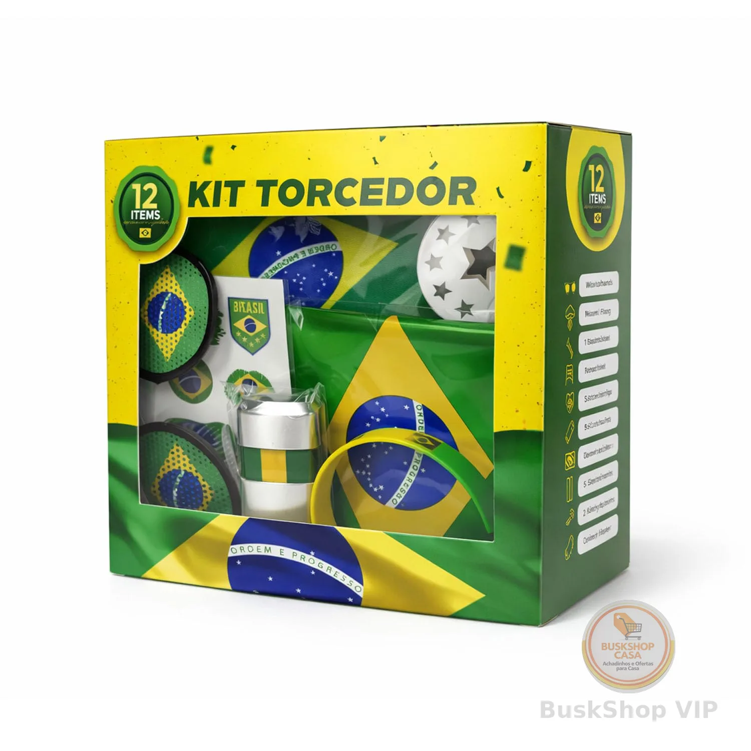 Kit Torcedor Brasil Copa do Mundo 2026 – 12 Peças Completo com Calendário de Jogos, Pintura Facial Hipoalergênica, Bandeira, Óculos, 2 Bastões Infláveis, Corneta e Caixa Presente – Em Busca do Hexa!