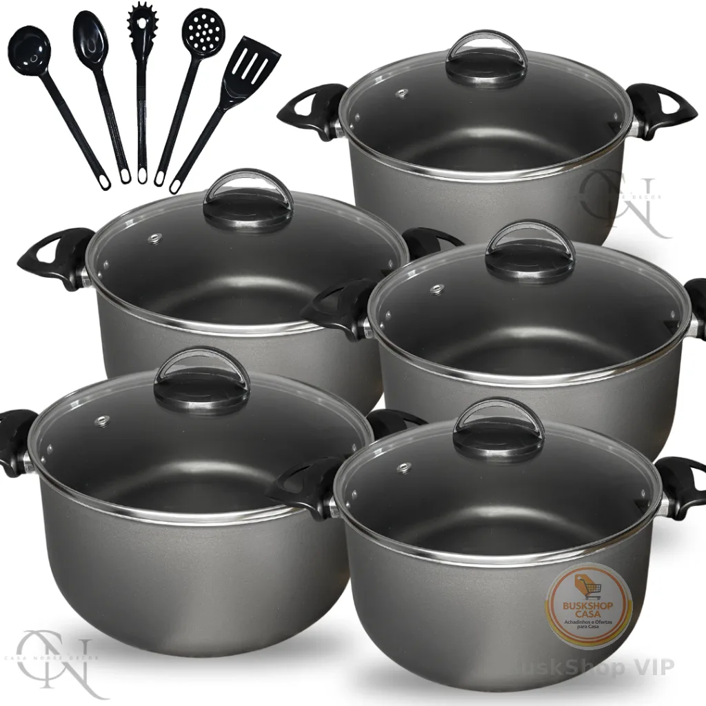 Kit Jogo de Panelas 10 peças Caçarolas Antiaderente Teflon com Tampa Vidro e Utensílios