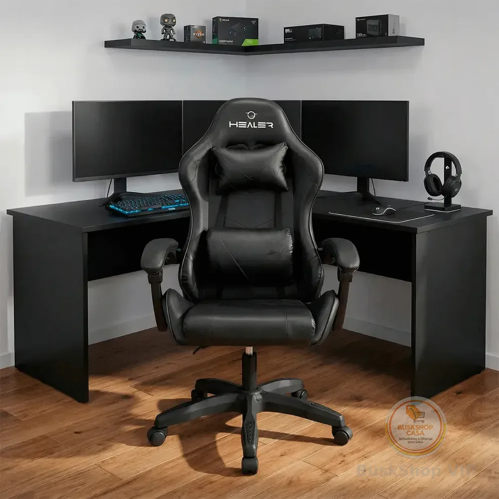 Cadeira Gamer Wells Preta Healer Preto Couro Sintético
