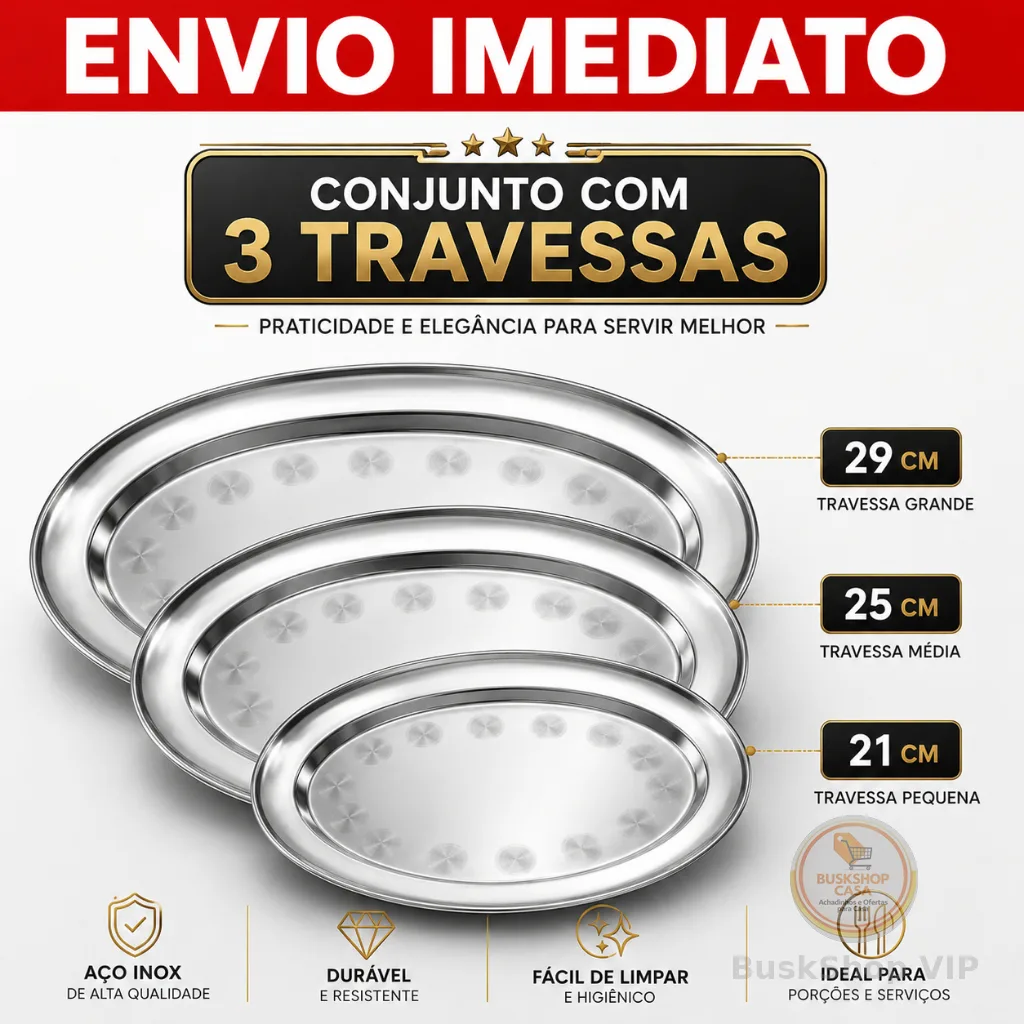 Kit 3 Travessas Inox cozinha Oval Rasa Bandeja Porções Petiscos Lanchonete Restaurante 21, 25 , 29cm