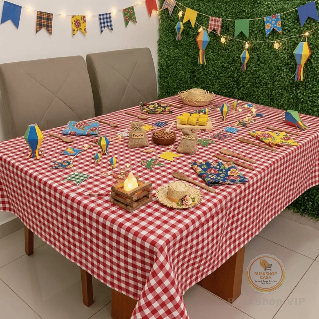 Toalha de Mesa Xadrez Festa Junina São João para 4, 6, 8 e 10 Lugares Tecido Oxford