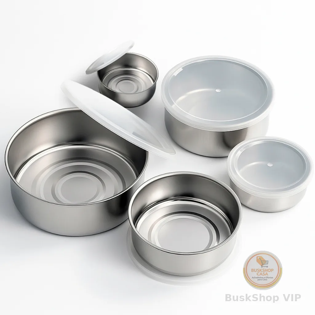Kit Jogo 5 Tigelas 200 a 1300ml Potes Inox Com Tampa Para Alimentos Cozinha Salada