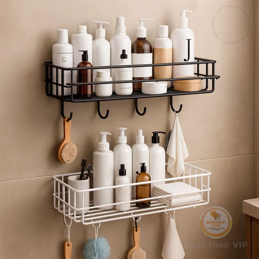 Kit 1 ou 2 Prateleira Organizador Adesivo Com Gancho Preto De Parede Porta Shampoo Sabonete Banheiro