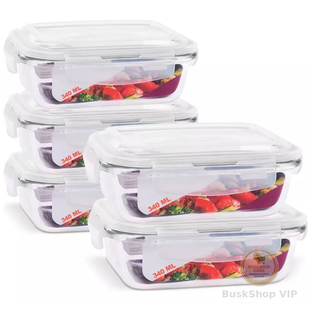 Kit 05 Pote Hermético de Vidro 370ml C/ Valvula Ar Marmita Fit Freezer Microondas Geladeira