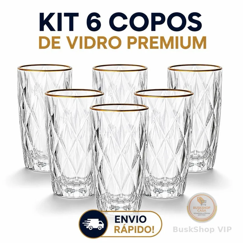 Kit 6 Copos Diamond com Borda Dourada 370ml
