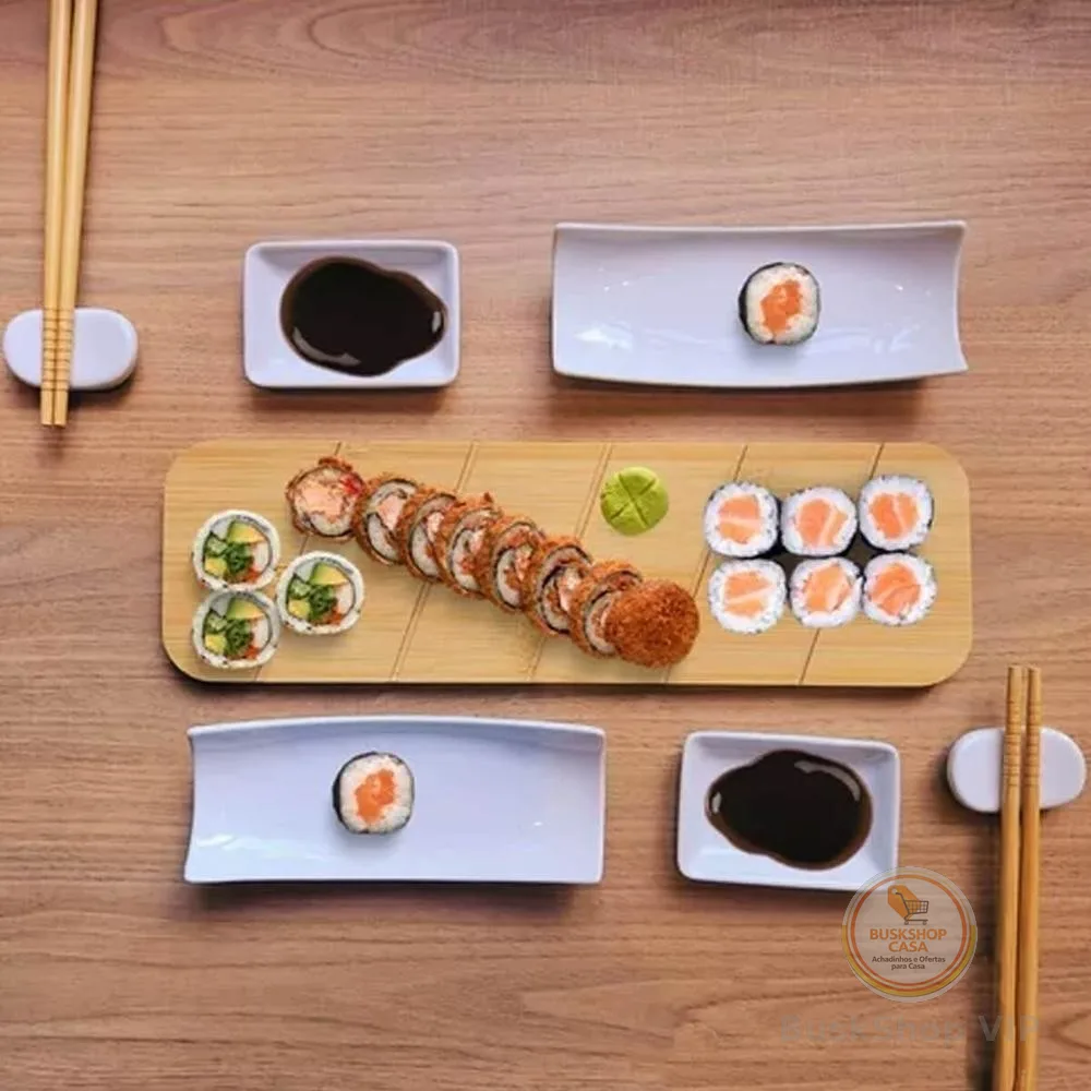 Kit Sushi com hashi em Bambu e Cerâmica  8 Peças / 7 Peças LYOR