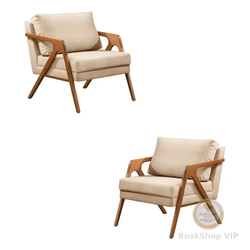 2 Poltronas Decorativas Madeira Maciça Luxo Mona Linho Bege