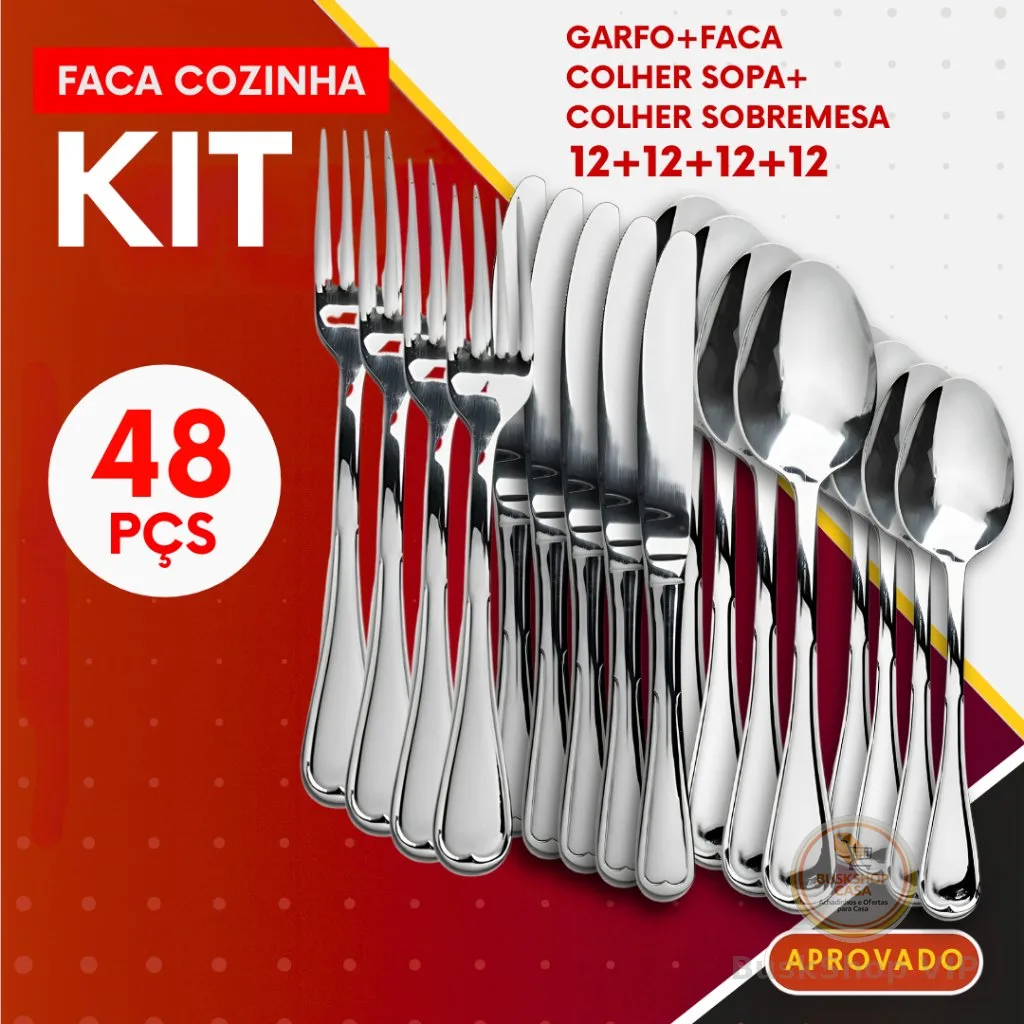 Kit 48 ou 24- Talher Garfos Facas Colher Sopa e Sobremesa Inox Jantar Almoço Buffet Bar Restaurante