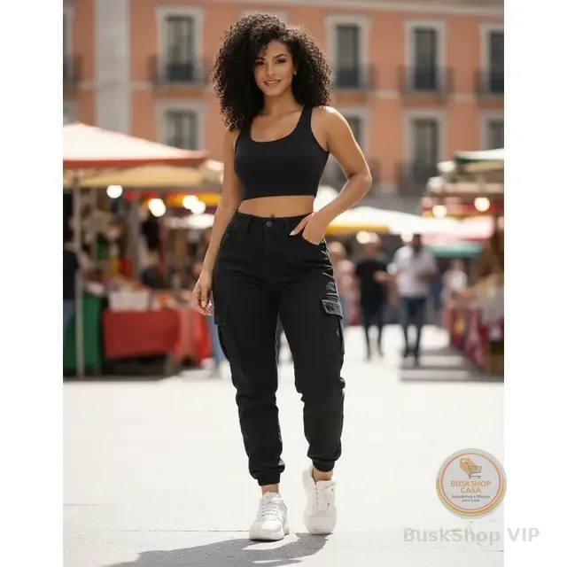 Calça Cargo Jogger Jeans Feminina Cintura Alta Com Lycra