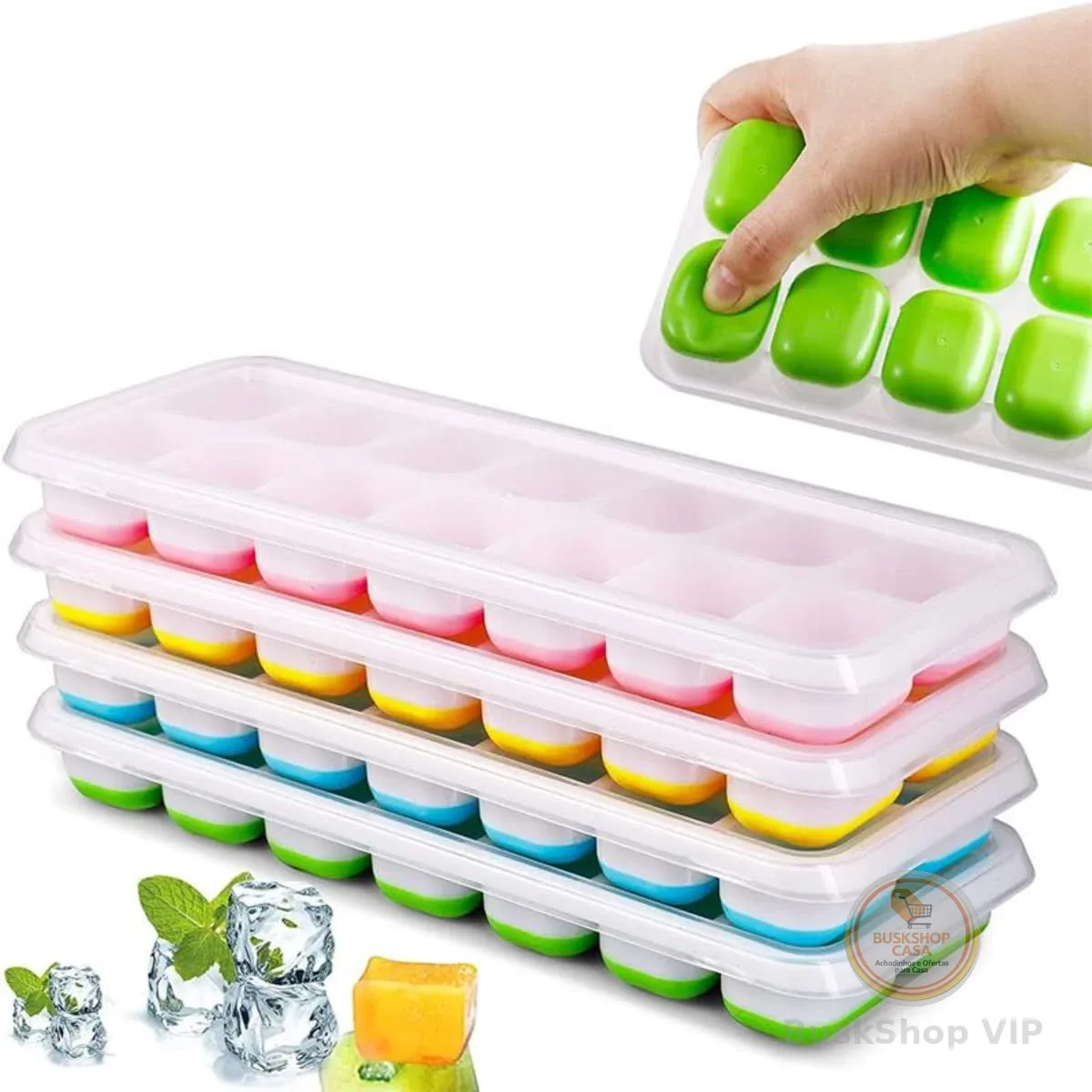 Kit 4 Unidades Forma Com Tampa Gelo Ice Flexivel Forminha Fundo Silicone 14 Cubos Alimentos Frutas Papinha
