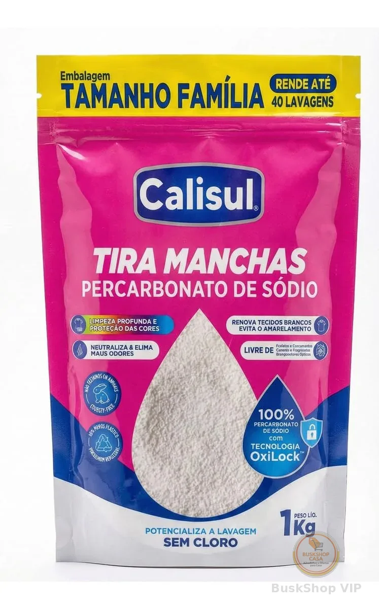 Percarbonato de Sódio 1kg 100% Puro Tira Manchas em Pó Sem Cloro, Biodegradável e Seguro para Roupas Brancas, Coloridas e Limpeza Doméstica Calisul
