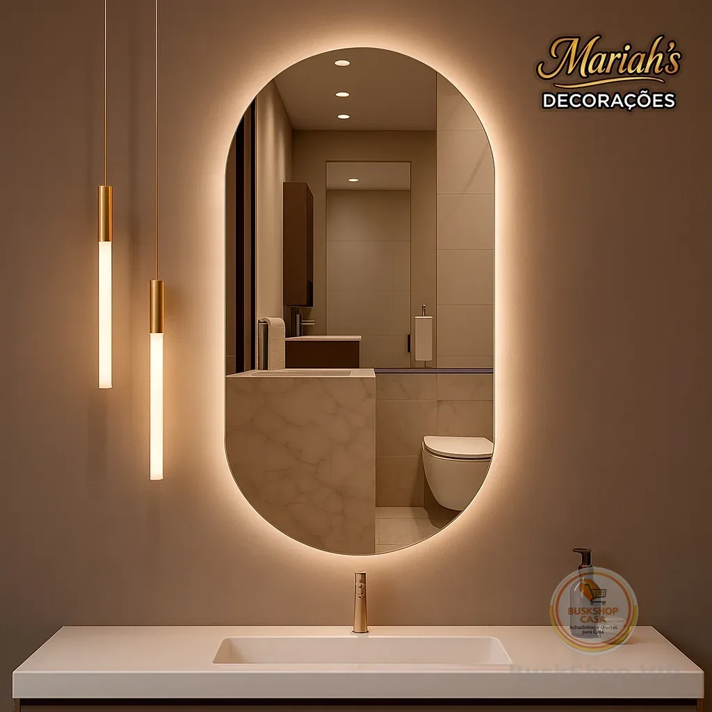 Espelho Oval com LED Moderno Luz Quente e Fria para Banheiro e Quarto Decorativo