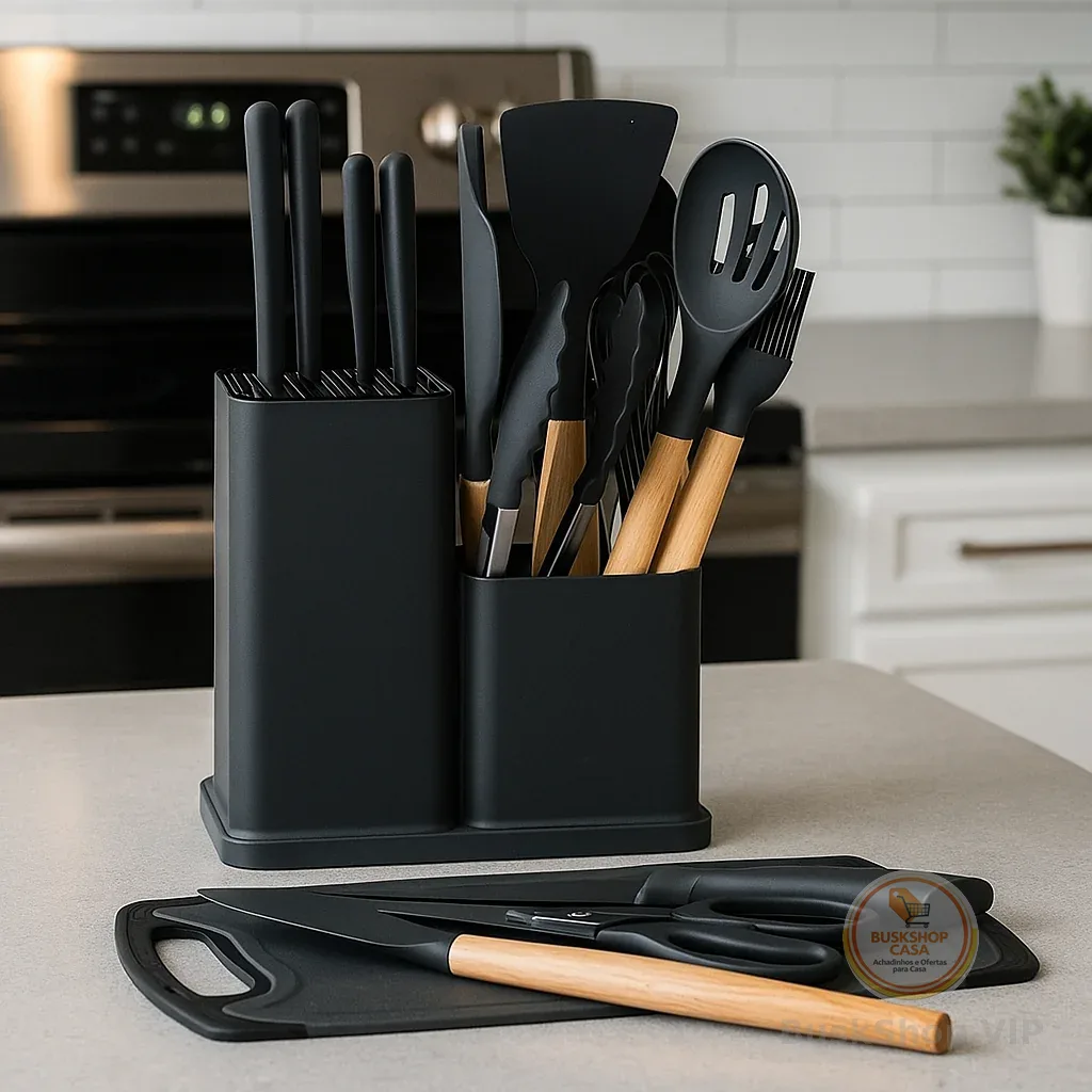 Kit Cozinha 19 Peças Silicone Antiaderente Facas Inox Madeira com Suporte