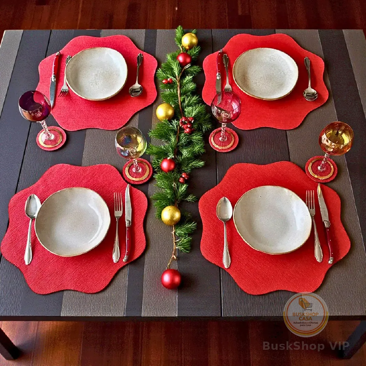 Jogo Americano Redondo, Sousplat Decorativo com 10 Unidades e 10 Porta Copos, Sisal Vermelho, para Mesa Posta Natalina Natal