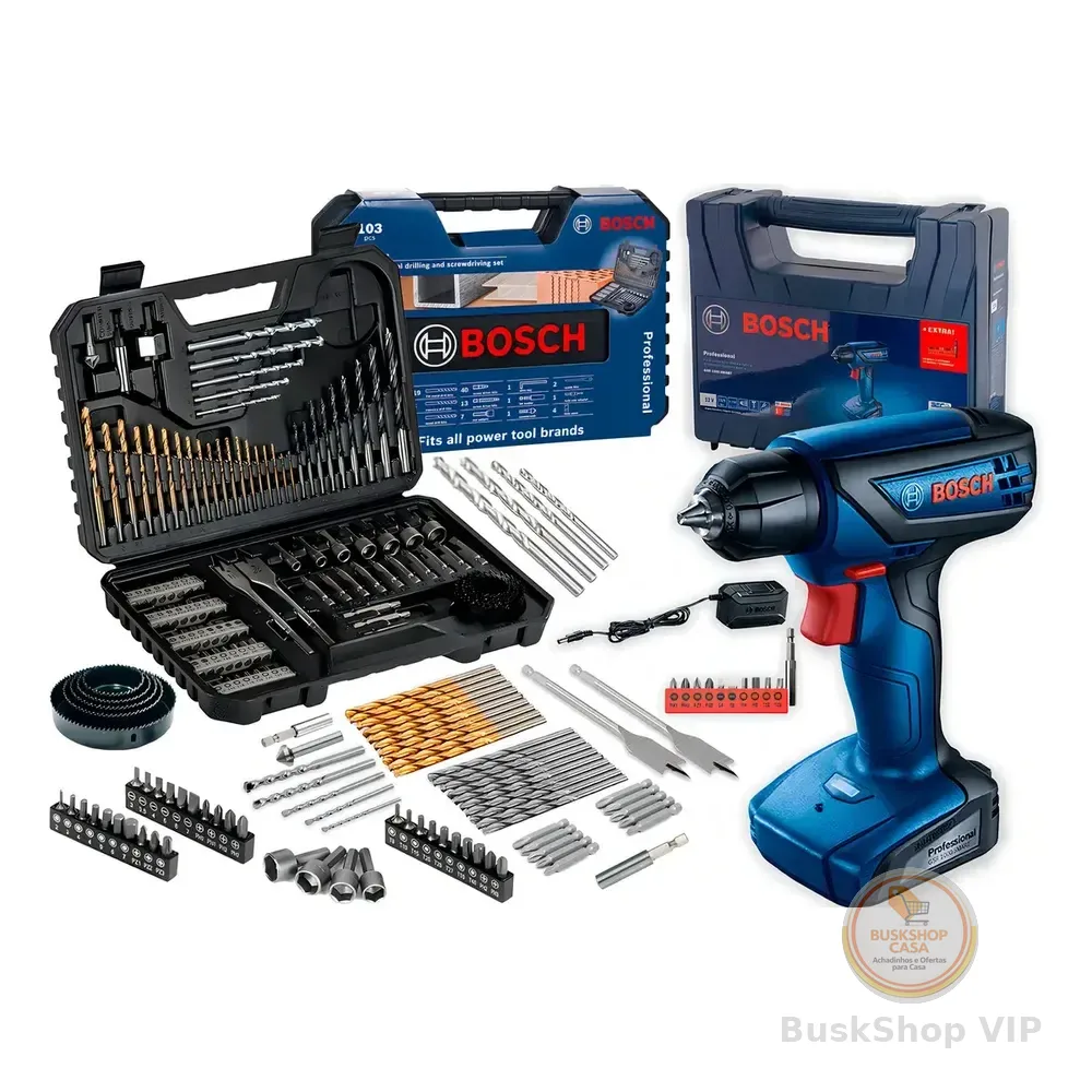 Furadeira Parafusadeira Sem Fio De 6mm Bosch Gsr 1000 Smart C/ Maleta + Jogo Kit Pontas Brocas 103 Peças Bosch Azul 127/220v