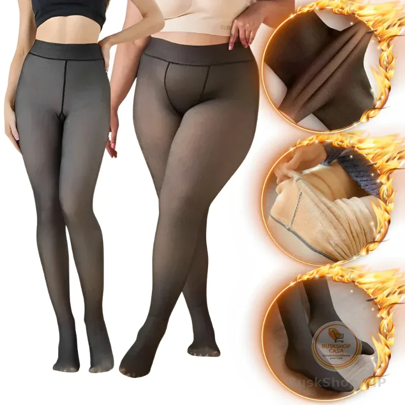 Meia-Calça Térmica Feminina Peluciada Translúcida Alta Elasticidade Super Quente Para Inverno