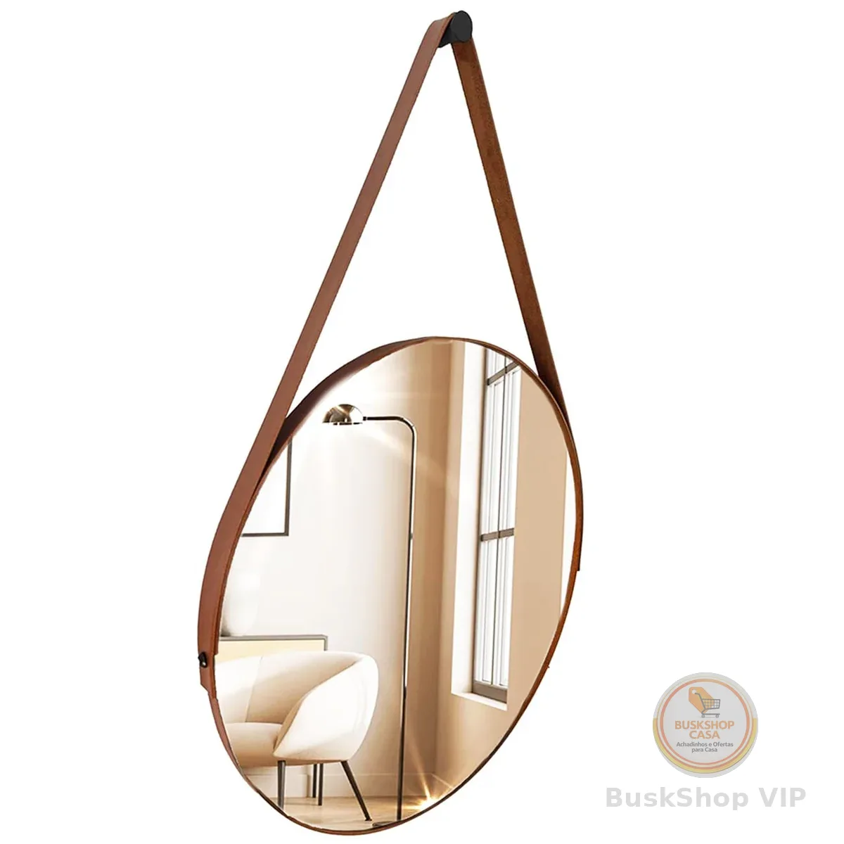 Espelho Adnet Redondo Decorativo 30cm em Couro Sintético – Elegância e Sofisticação para seu Ambiente (Caramelo)
