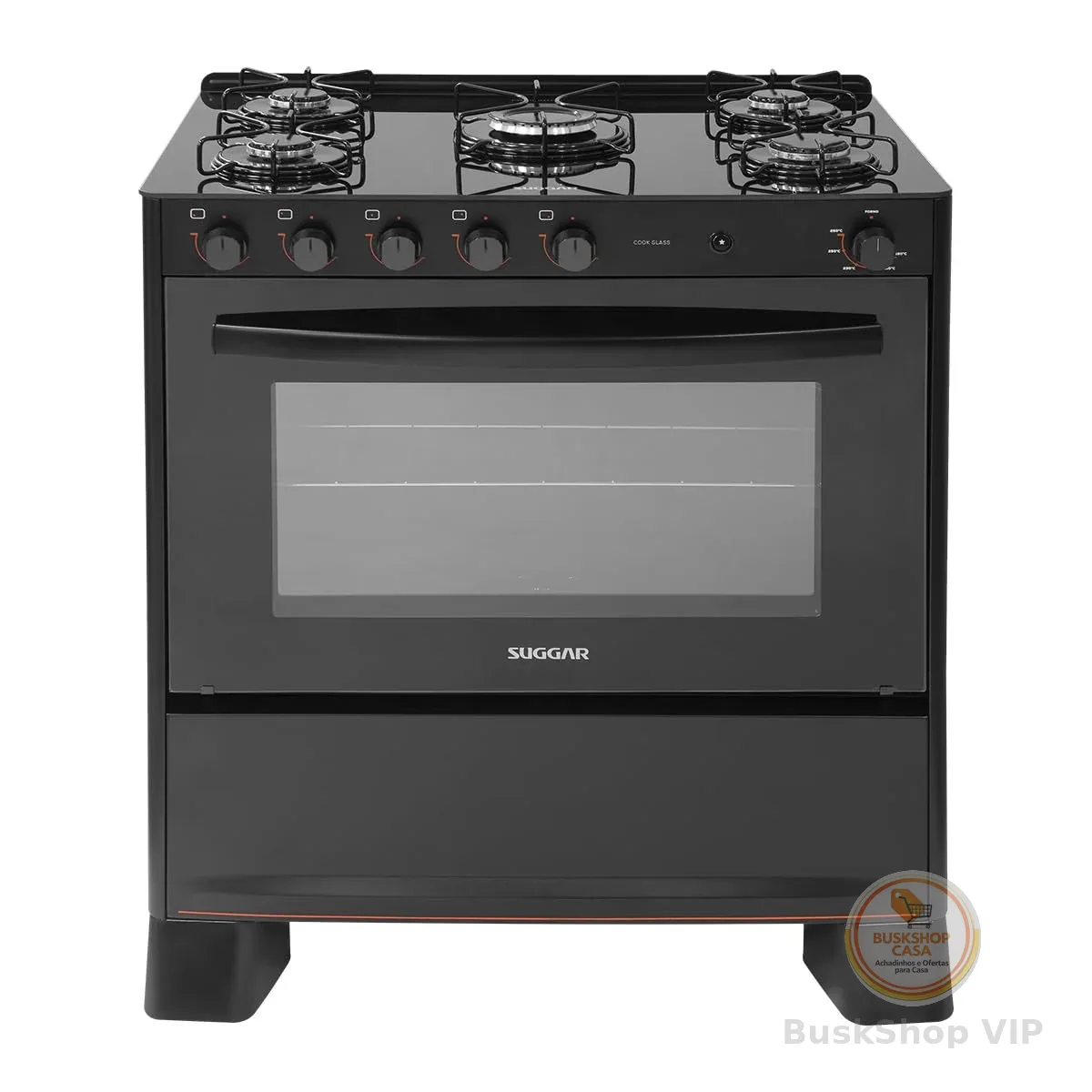 SUGGAR FOGÃO COOK GLASS PRETO MESA DE VIDRO 5 BOCAS MEGA CHAMA TREMPE 6 APOIOS ACENDIMENTO AUTOMÁTICO FGVCG510PT