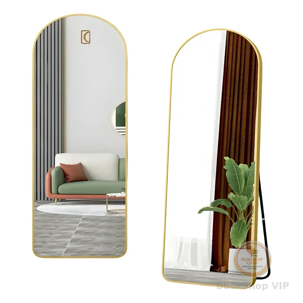 Espelho De Chão Corpo Inteiro 150x40cm Com Moldura E Suporte Dourado